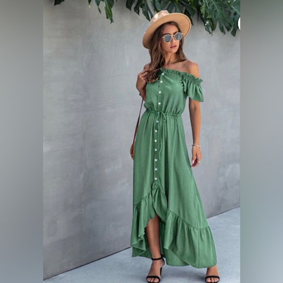 ANNA-KACI Frilled Ruffle Off The Shoulder Sage Green Maxi Dress. Sz: Medium - Picture 13 of 16